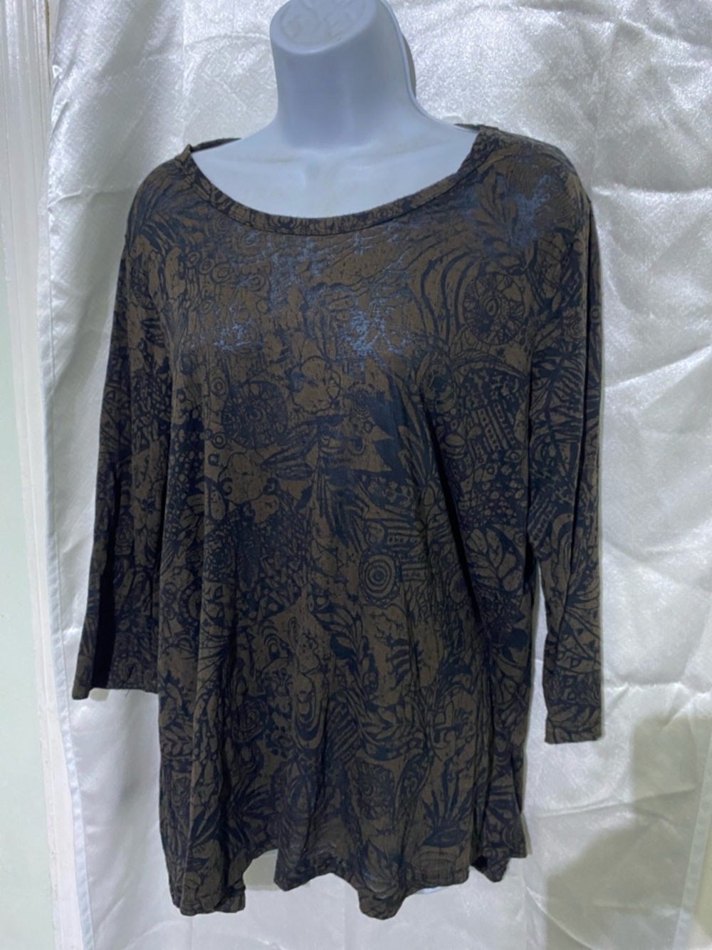 Relaxed Brown & Black Patterned Long Sleeve Scoop Neck Top